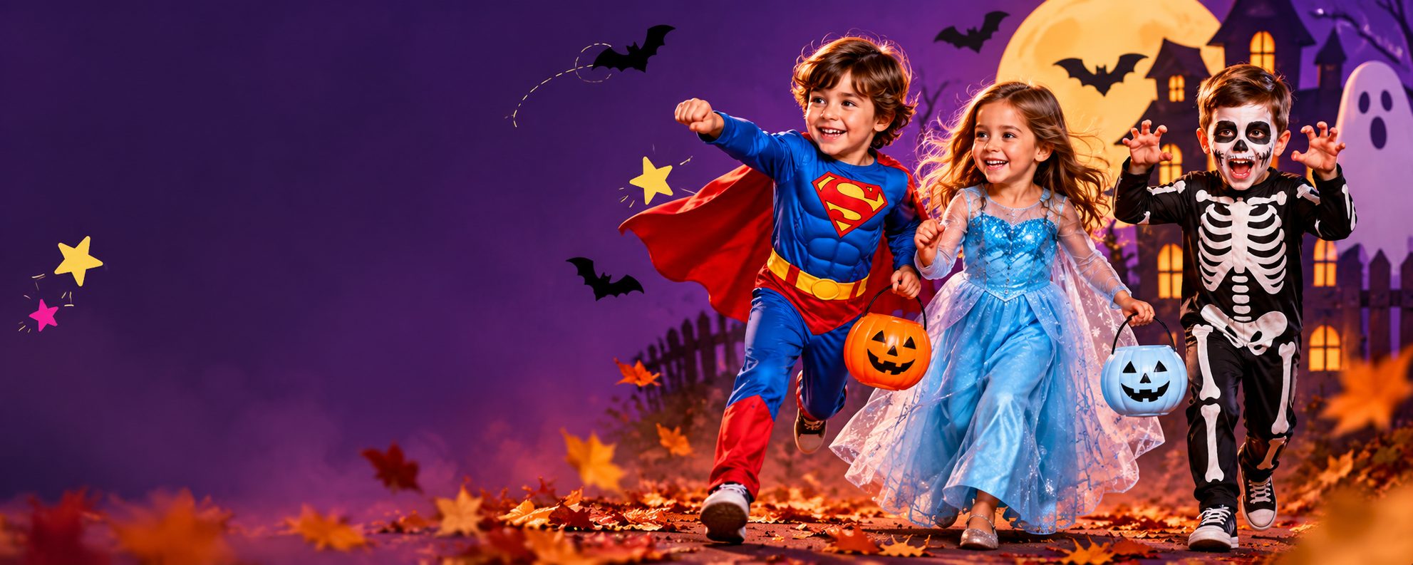 Niños disfrazados de Superman, Elsa y esqueleto celebrando Halloween