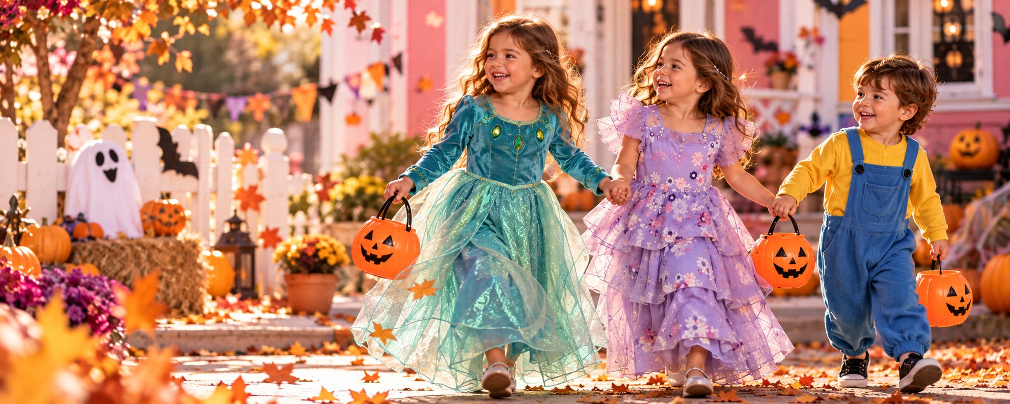 Niños disfrazados de princesa, Isabela de Encanto y Minion pidiendo dulces
